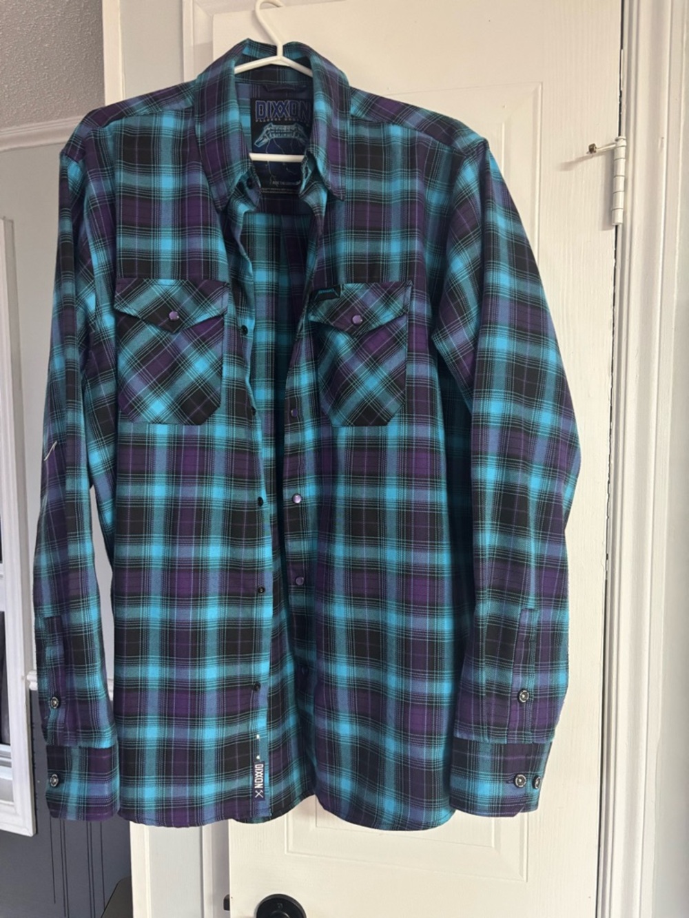 DIXXON Teal & Purple Plaid Flannel Shirt with Graphic Label